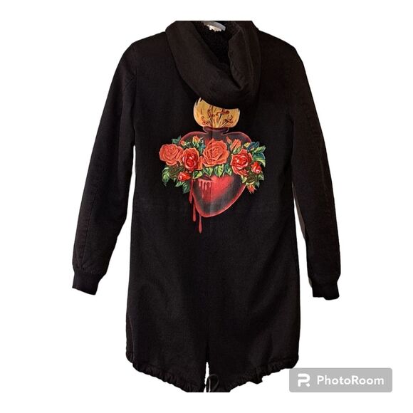 Happiness Made in Italy Embroidered Heart Mid Length Coat Whimsical Gothic Style - Picture 3 of 14